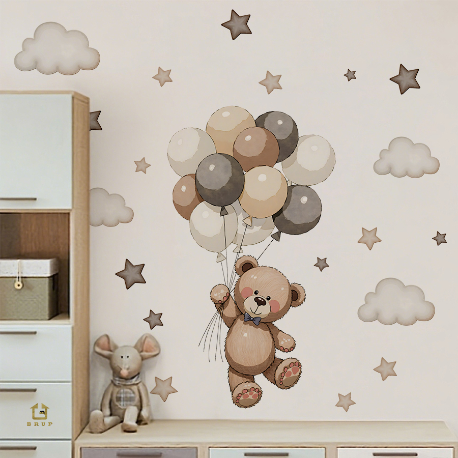 愛らしいテディベアの壁用ステッカー、風船、星、雲付きの取り外 - Baby Nursery Wall のレビューと価格