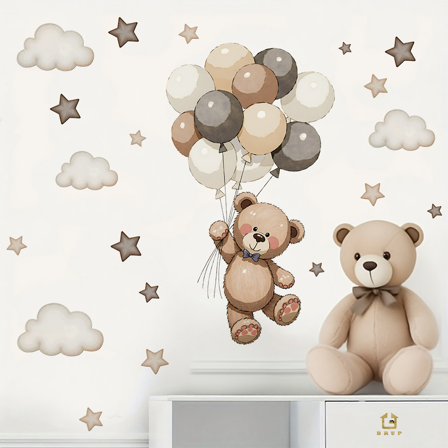 愛らしいテディベアの壁用ステッカー、風船、星、雲付きの取り外 - Baby Nursery Wall のレビューと価格