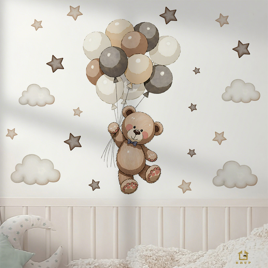 愛らしいテディベアの壁用ステッカー、風船、星、雲付きの取り外 - Baby Nursery Wall のレビューと価格