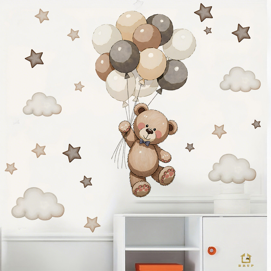 愛らしいテディベアの壁用ステッカー、風船、星、雲付きの取り外 - Baby Nursery Wall のレビューと価格