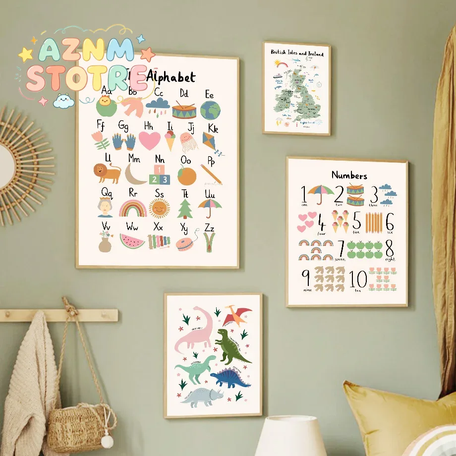 動物世界地図 恐竜 アルファベット 数字 キャンバス ウォー - Baby Nursery Animal Prints のレビューと価格
