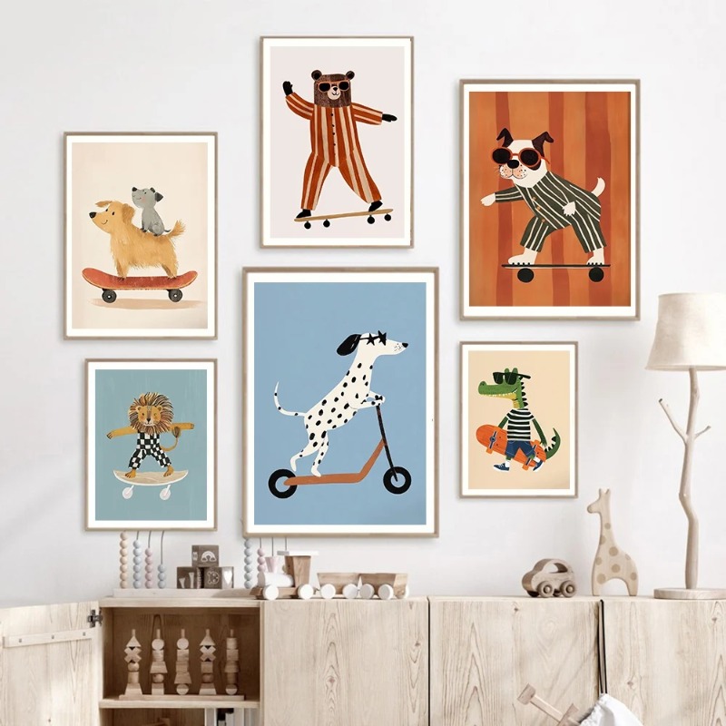 1pc フレームレス面白い動物ウサギ犬猫スケートボードポスタ - Baby Nursery Animal Prints のレビューと価格
