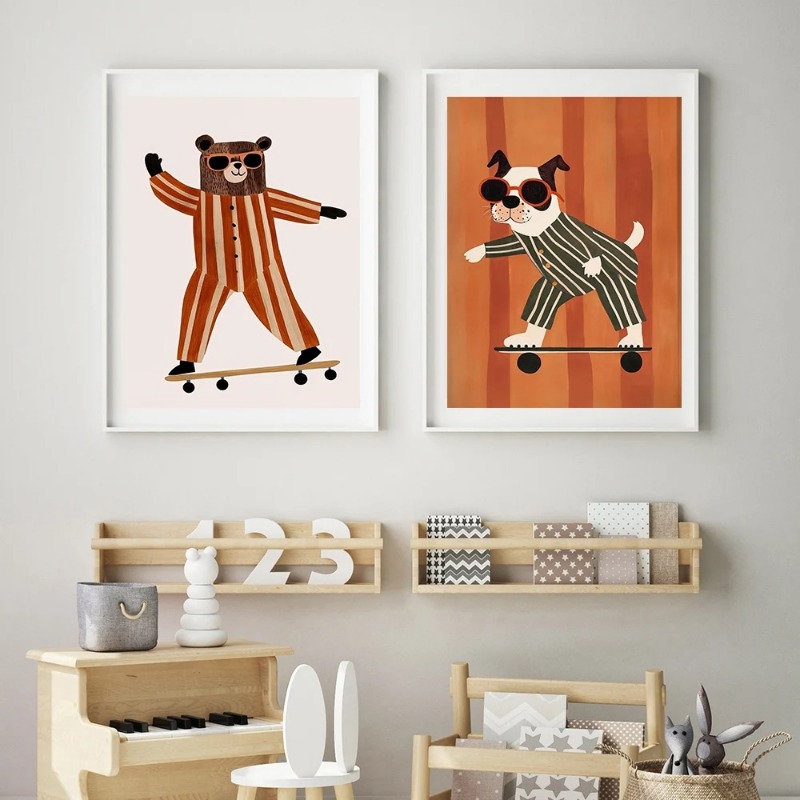 1pc フレームレス面白い動物ウサギ犬猫スケートボードポスタ - Baby Nursery Animal Prints のレビューと価格