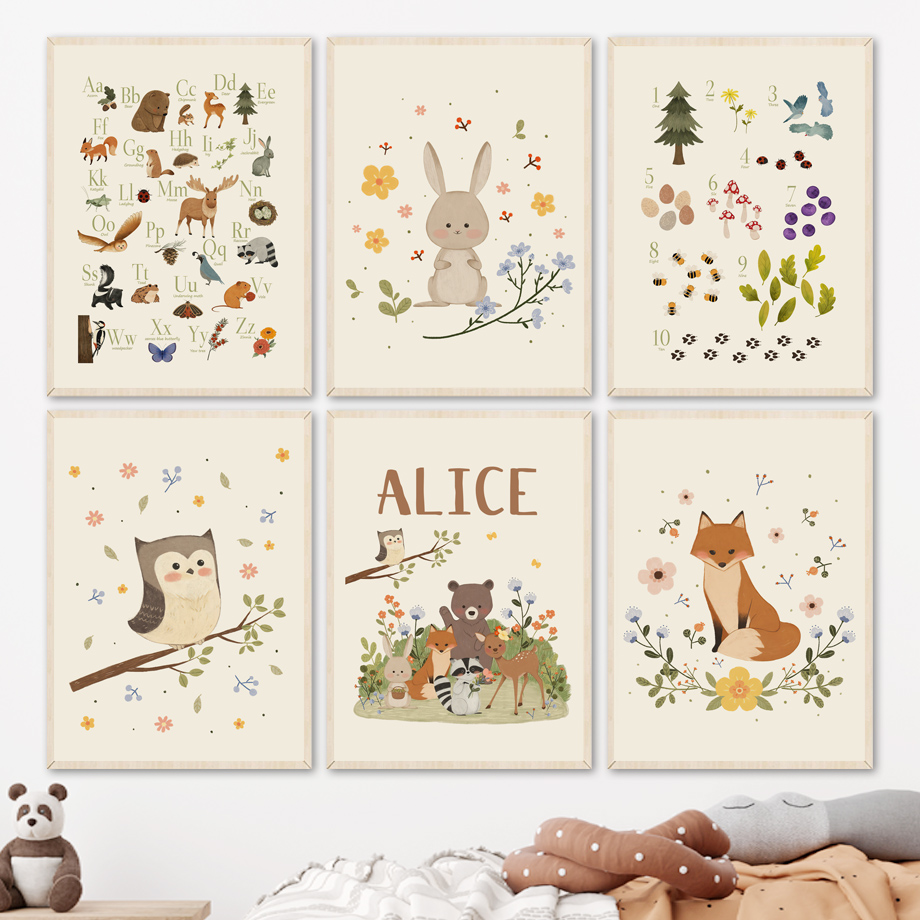 1枚入りフレームレス可愛いウサギキツネフクロウクマアルファベ - Baby Nursery Animal Prints のレビューと価格