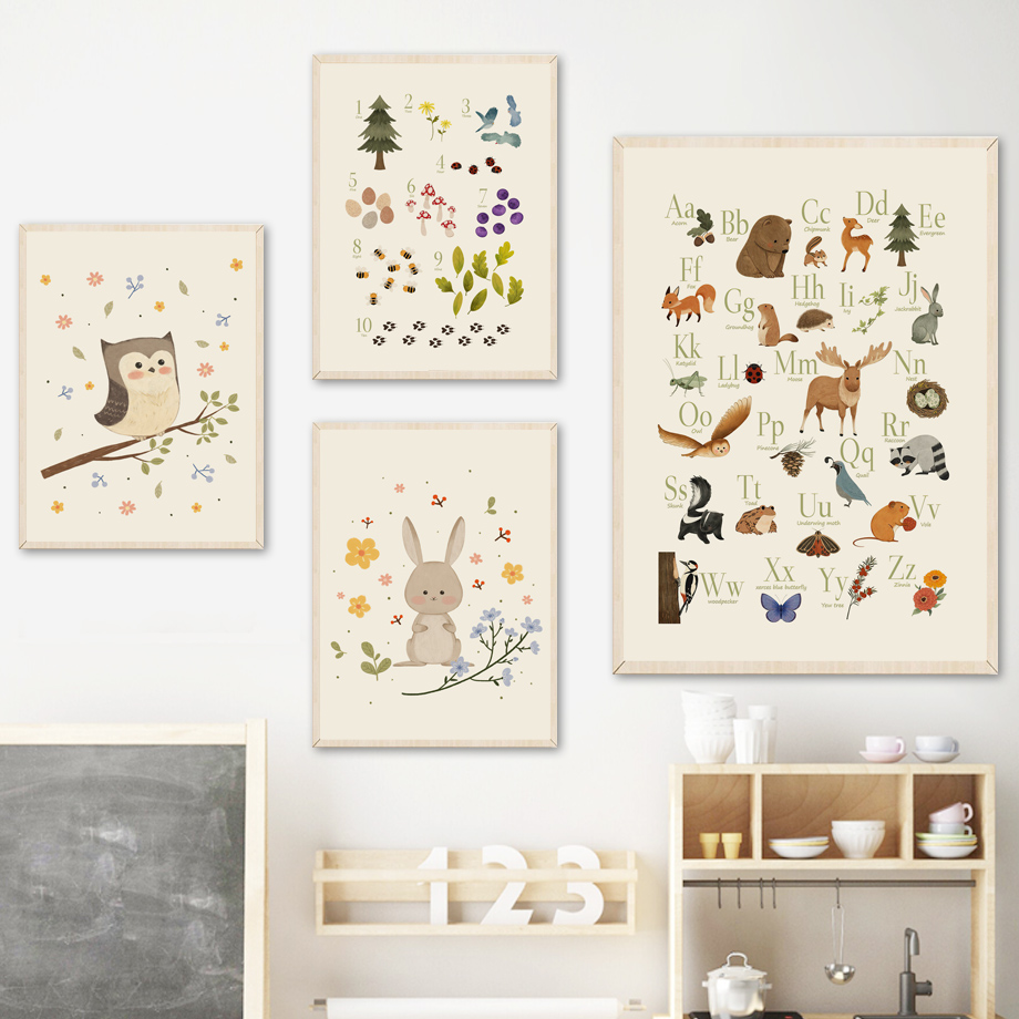 1枚入りフレームレス可愛いウサギキツネフクロウクマアルファベ - Baby Nursery Animal Prints のレビューと価格