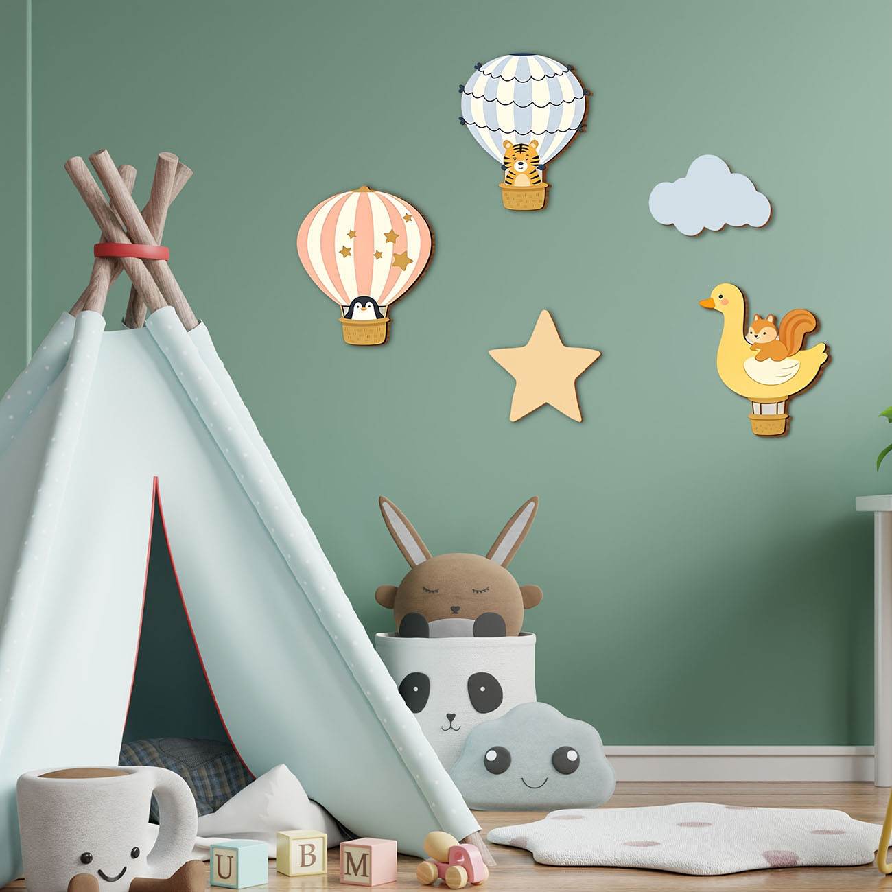 5 個の動物熱気球木製ウォールステッカー保育園子供部屋の装飾 - Baby Nursery Vinyl のレビューと価格
