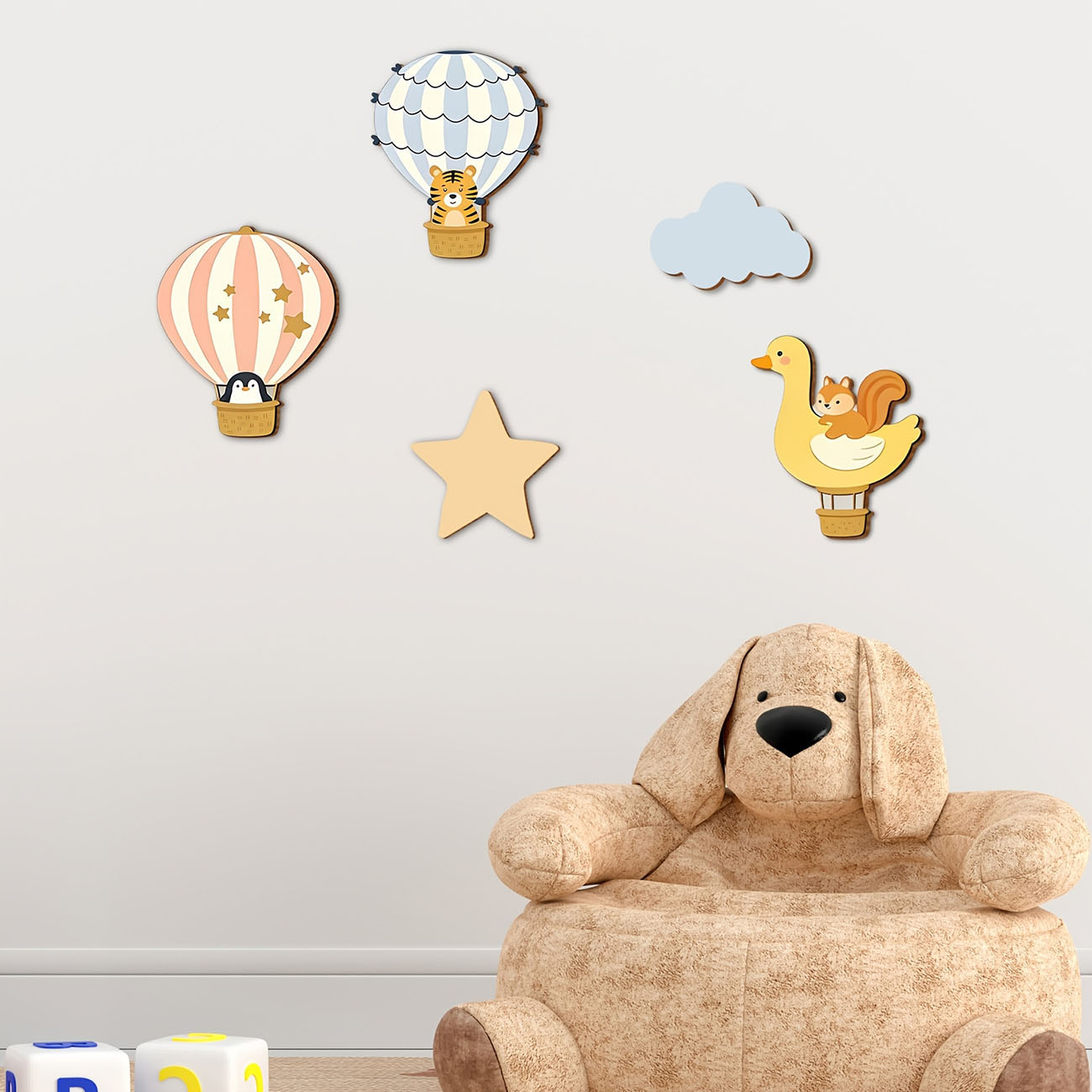 5 個の動物熱気球木製ウォールステッカー保育園子供部屋の装飾 - Baby Nursery Vinyl のレビューと価格