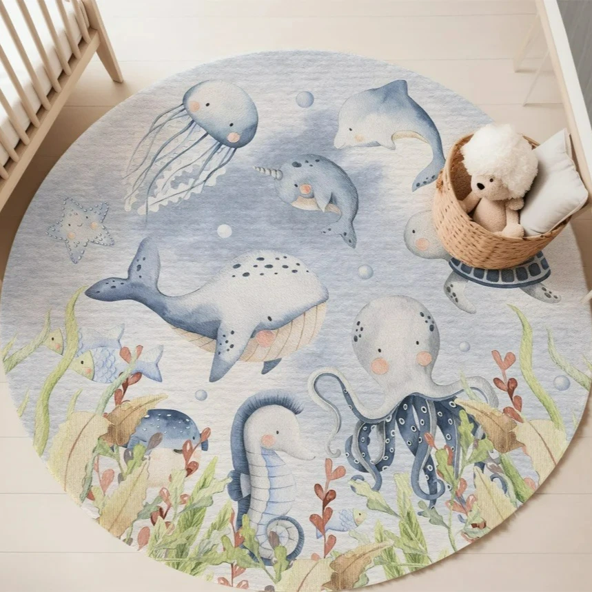 ブルーマリンアニマルラウンドカーペット リビングルーム用 女 - Baby Nursery Animal Prints のレビューと価格